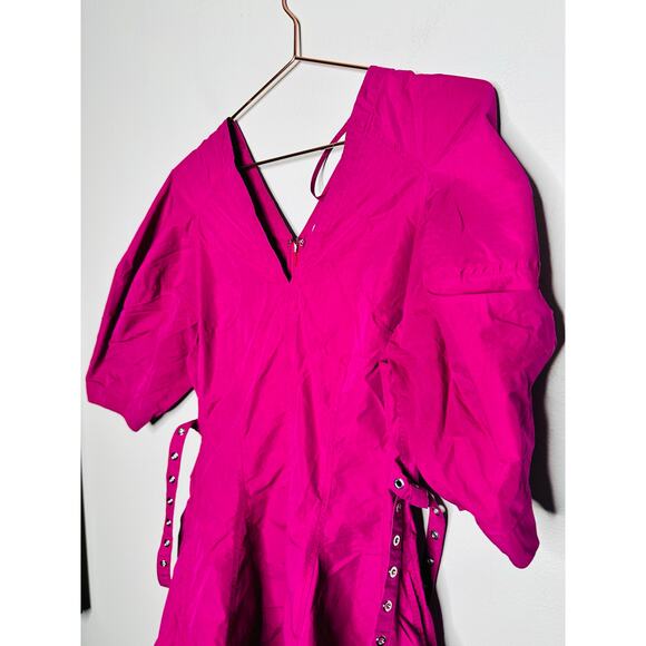 3.1 PHILLIP LIM Purple A-Line V-Neck Puff Sleeves Godet Belted Dress Size 2 - Picture 4 of 12